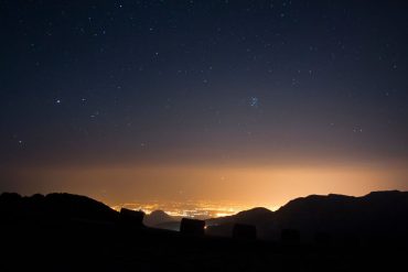 Light pollution from a city at night